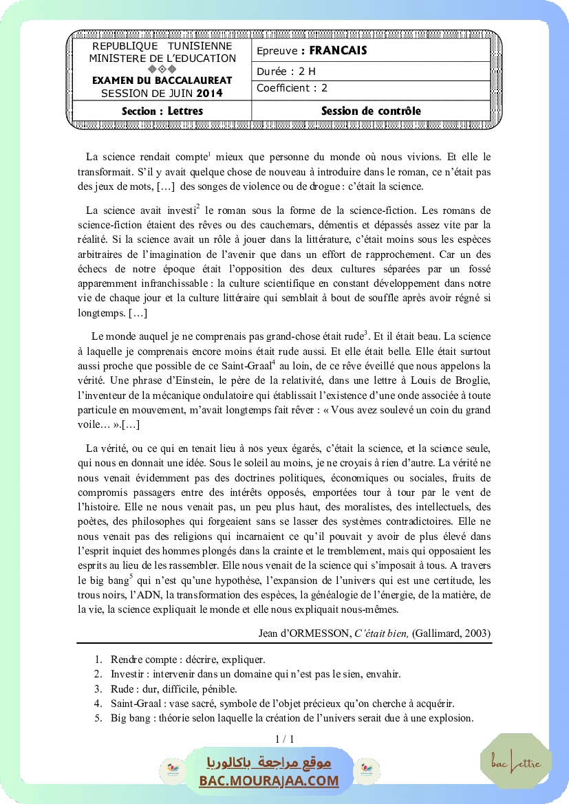 Sujet controle francais Bac 2014 – Section lettre